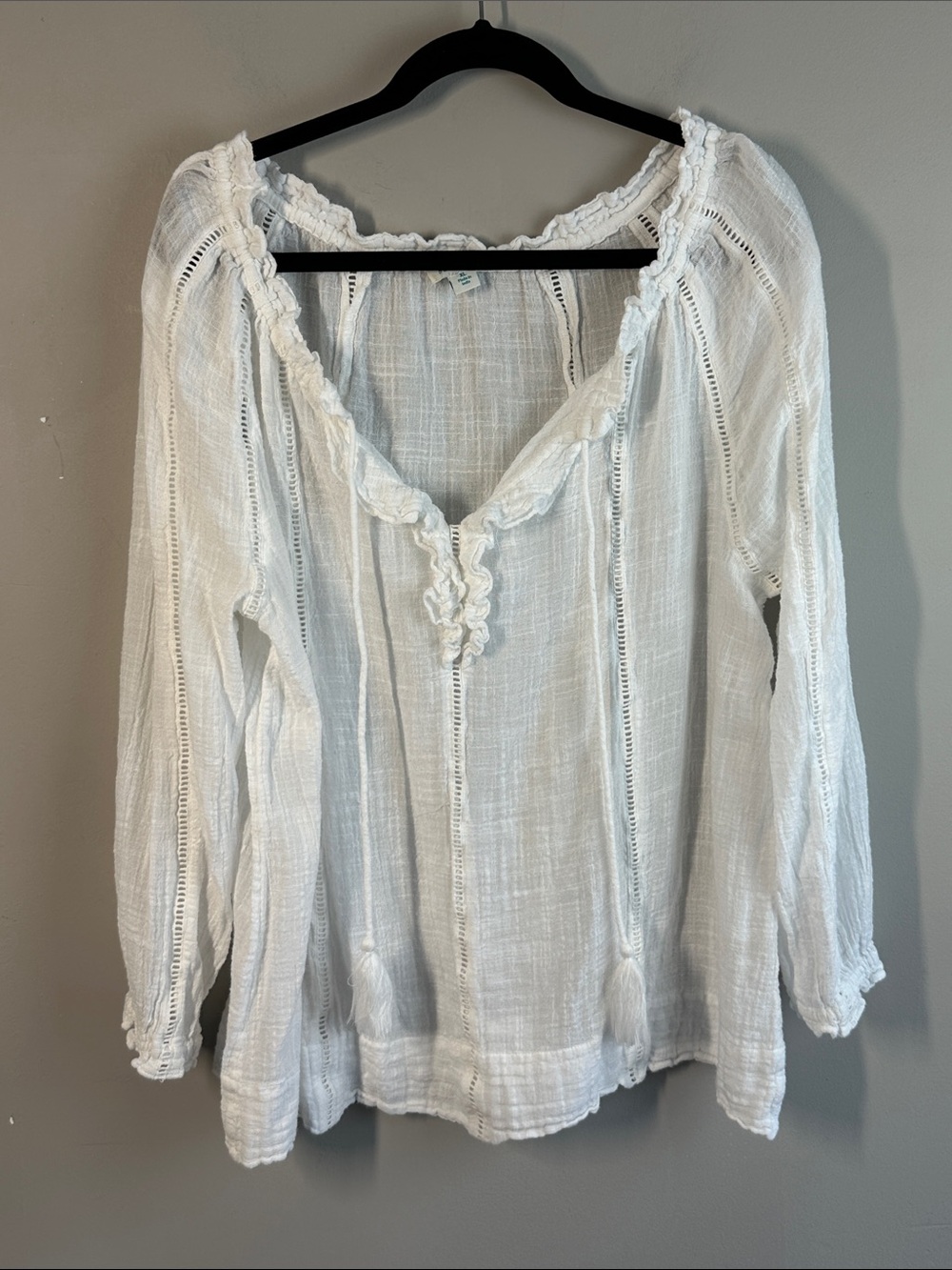 Sundance Tunic White Ruffle Sheer Keyhole Lace Tassel Top Size XL Boho Peasant